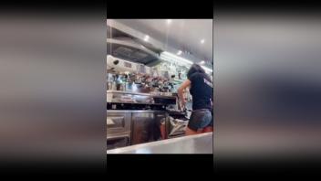 Barista from Treviso gets nude on the job exposing her booty while serving coffee